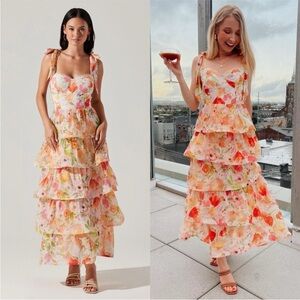 New ASTR Zirconia Watercolor Poppy Floral Tie Strap Tiered Midi Dress Size Large